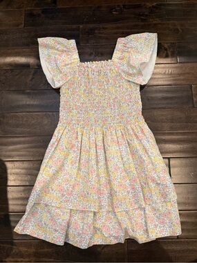Smocked Flutter-Sleeve Kids Dress in Pink & Yellow Floral